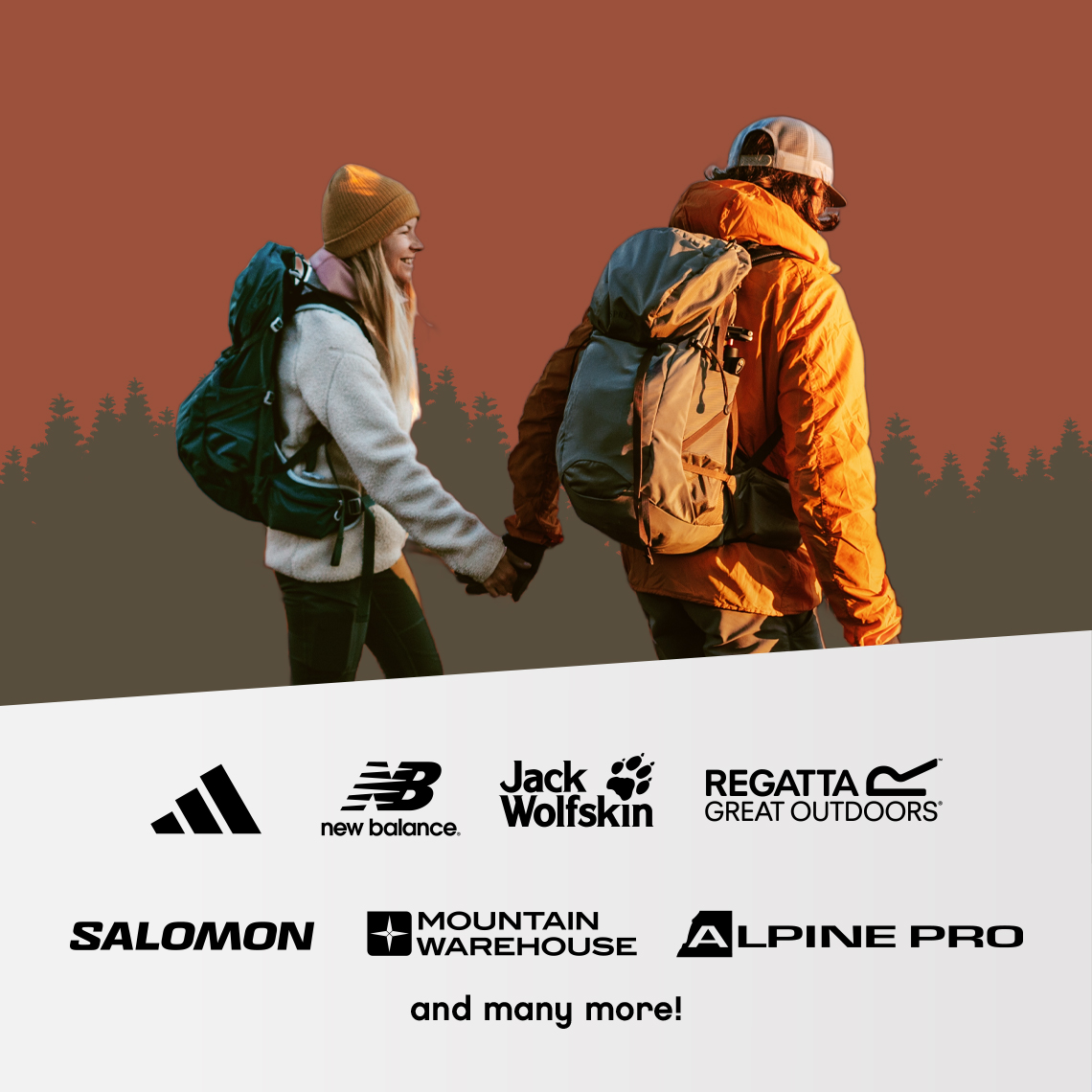 a man and a woman walking in the mountains with backpacks