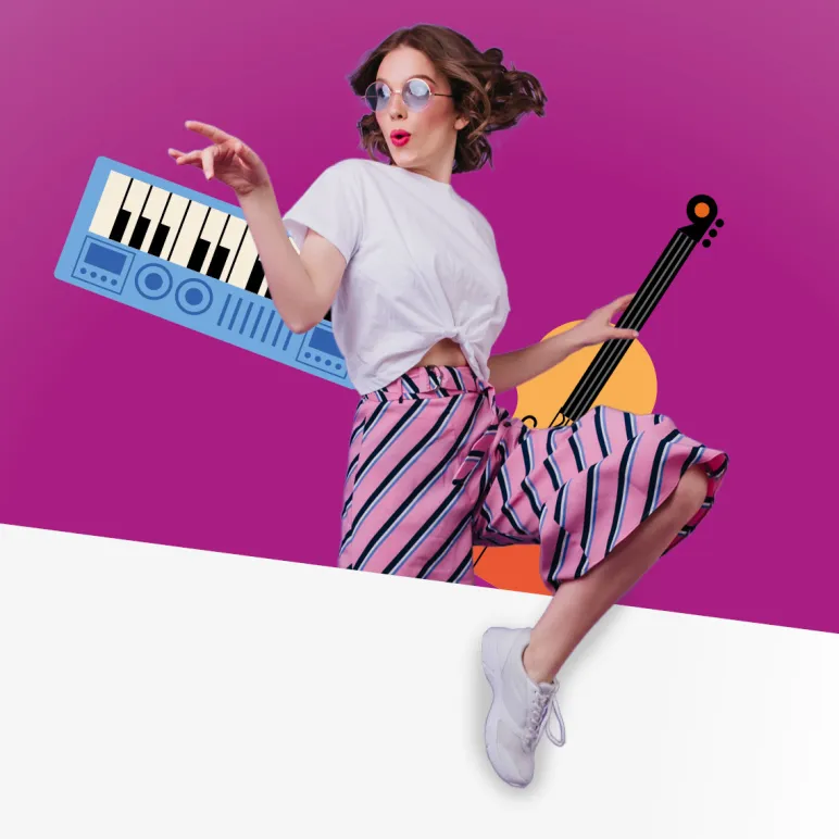 skacząca dziewczyna z instrumentami