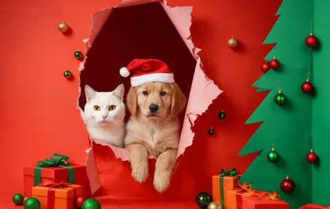 kot i pies w świątecznej czapce